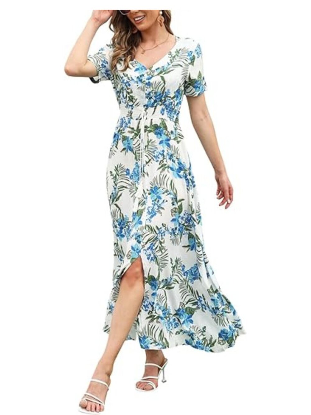 Boho Floral Maxi Dress Summer Button Up Split Flowy Beach Party Elegant